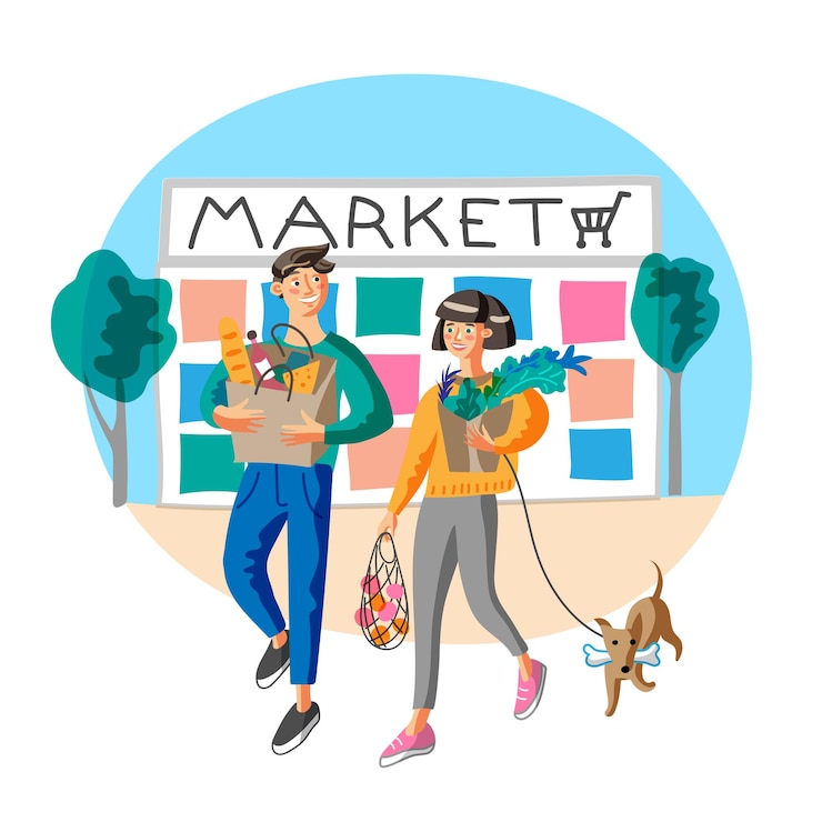 Vetor jovem casal comprando comida no mercado esposa e marido fazendo compras com cachorro pessoas felizes comprando produtos casal personagens de desenhos animados com sacos de produtos clientes satisfeitos