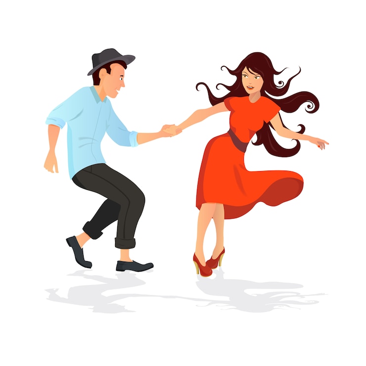 Vetor jovem casal dançando swing, rock ou lindy hop.