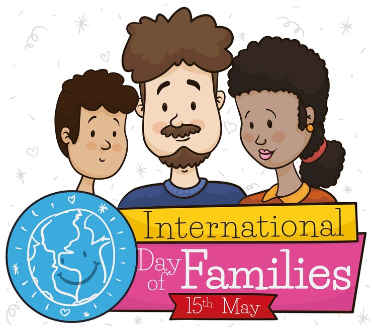 Vetor jovem casal de raça mista e filho com um globo e rótulos para o dia internacional das famílias