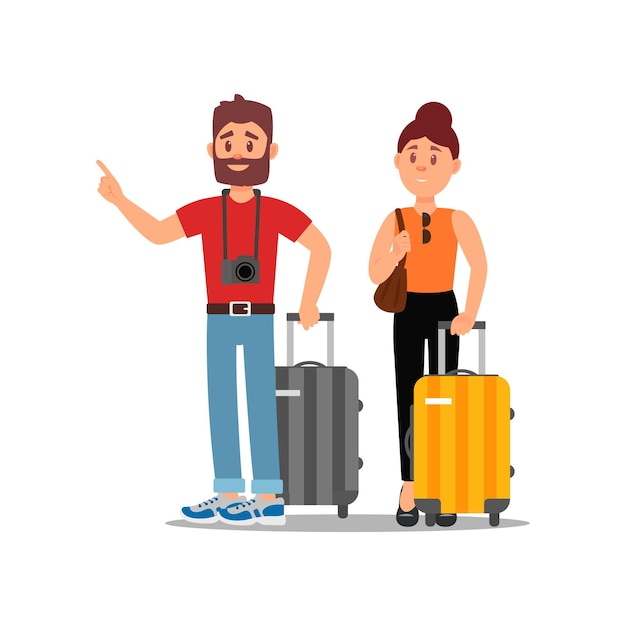 Jovem casal de turistas com malas sobre rodas Família viajando ilustração vetorial plana