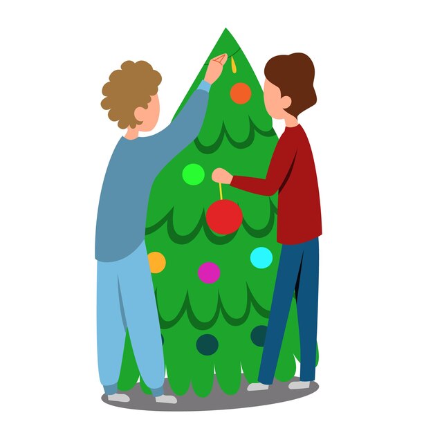 jovem casal está decorando uma árvore de natal