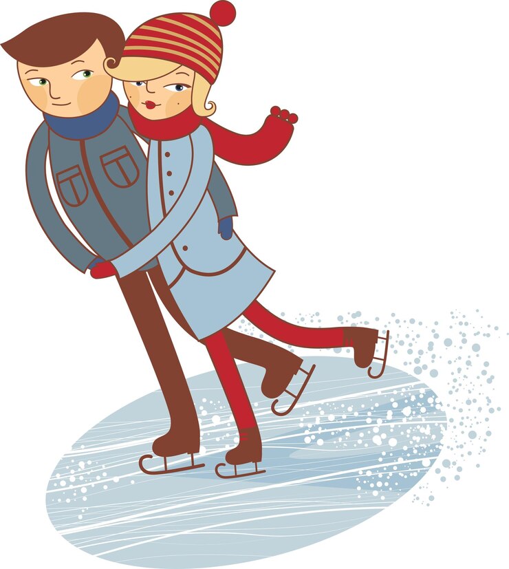 Vetor jovem casal feliz patinando na pista de gelo
