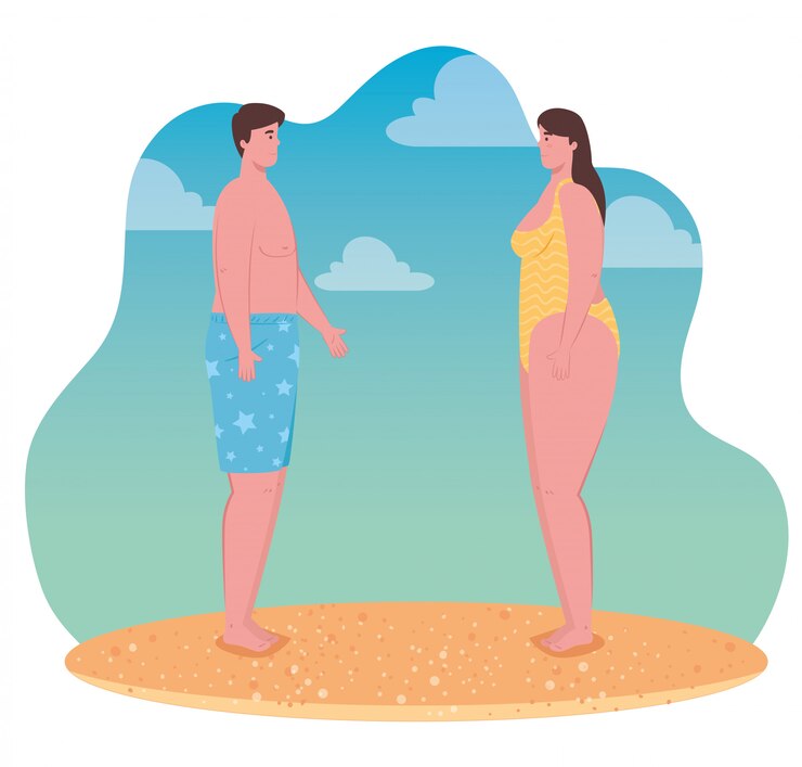 Vetor jovem casal na praia, cara e sua namorada na praia, temporada de férias de verão