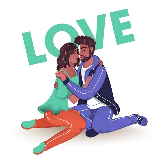 Jovem casal romântico sentado no branco