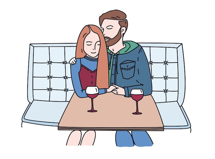 Vetor jovem casal se senta em um café e bebe vinho. data romantica. o cara abraça a garota