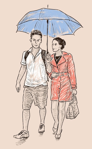 Jovem casal sob guarda-chuva