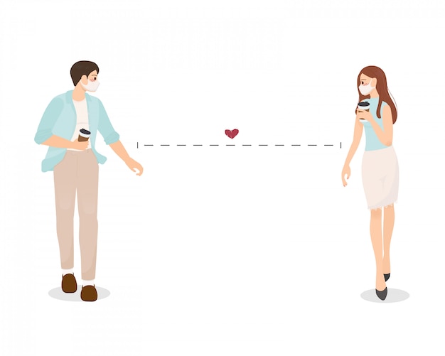 Jovem casal usa máscara facial com café a pé junto com ilustração de distância social