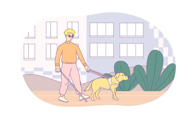 Jovem cego andando com seu cachorro ao longo da rua
