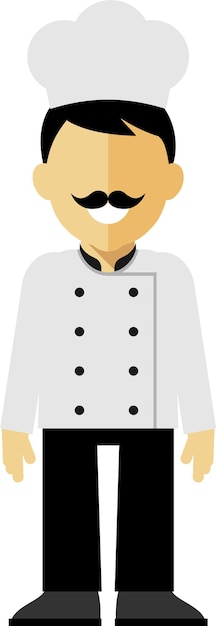 Jovem chef cozinheiro em pé com bigode no chapéu chef039 e uniforme em estilo simples