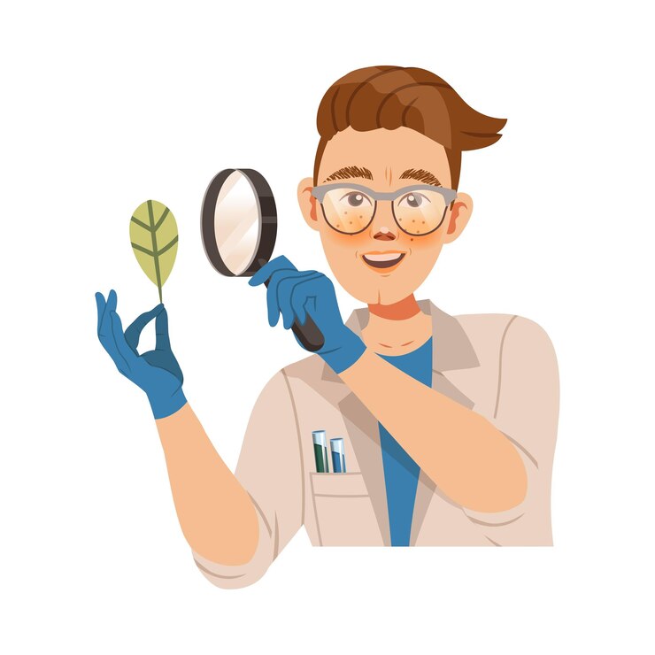 Vetor jovem cientista observando folha verde através de lupa estudando biologia e vegetação cuidando da natureza e do meio ambiente ilustração vetorial