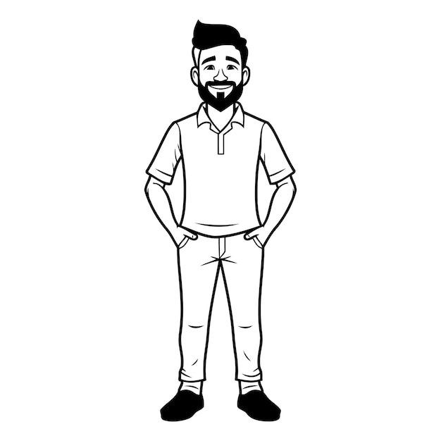 Vetor jovem com barba desenho animado ilustração vetorial design gráfico em preto e branco