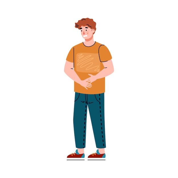 Jovem com dor abdominal, ilustração vetorial