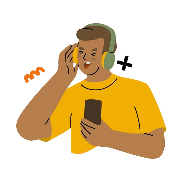 Jovem com fones de ouvido ouvindo música e dançando Bom humor e felicidade Ouvindo podcasts de áudio Ilustração vetorial isolada em fundo transparente