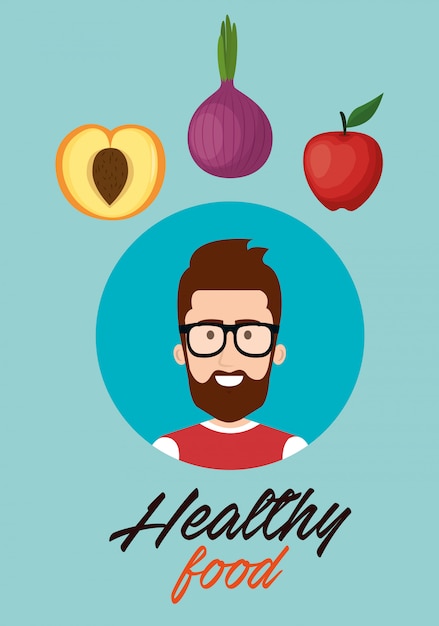jovem com frutas e legumes