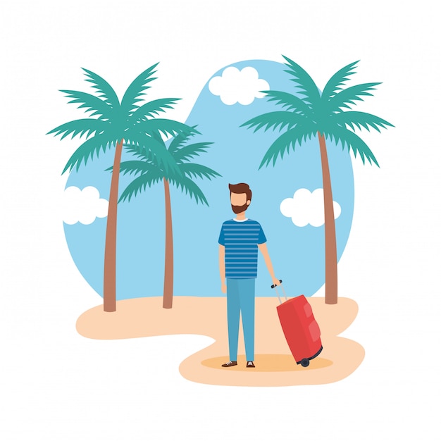 Jovem com mala na praia