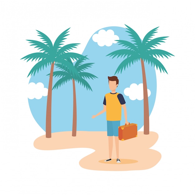 Jovem com mala na praia