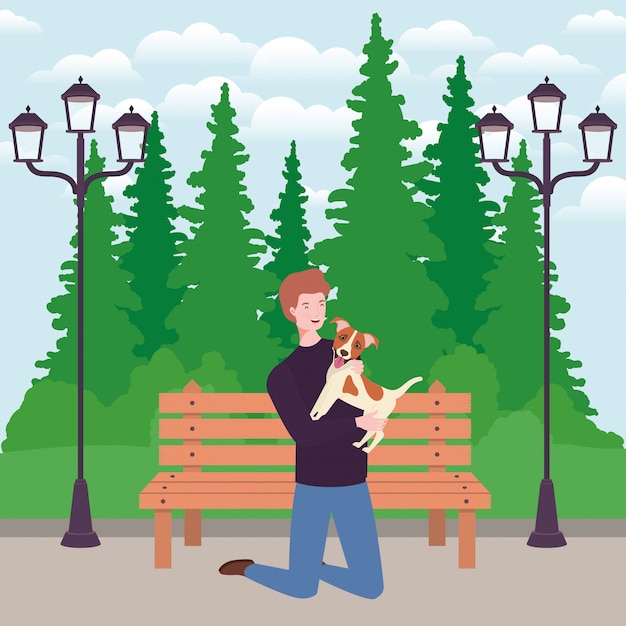 Vetor jovem com mascote de cachorro fofo no parque