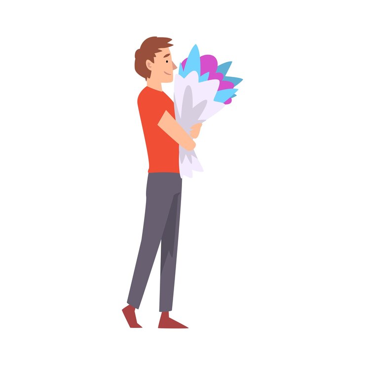 Vetor jovem com um buquê de flores parabéns pelo aniversário de férias ou data romântica ilustração vetorial em fundo branco