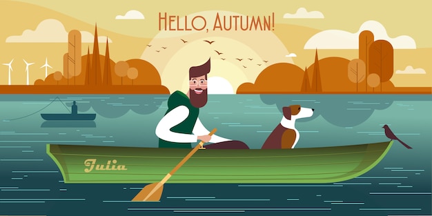 Vetor jovem com um cachorro em um barco. de pesca de outono
