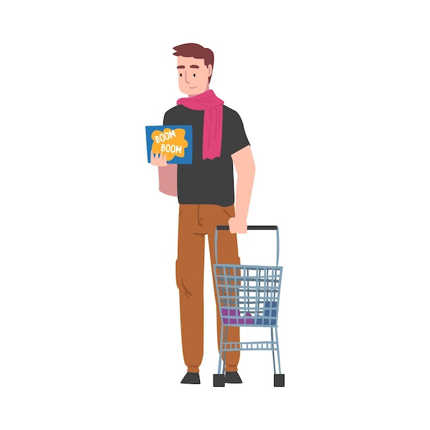 Jovem com um pequeno carrinho de compras homem fazendo compras em um shopping ou supermercado ilustração vetorial de estilo desenho animado em fundo branco