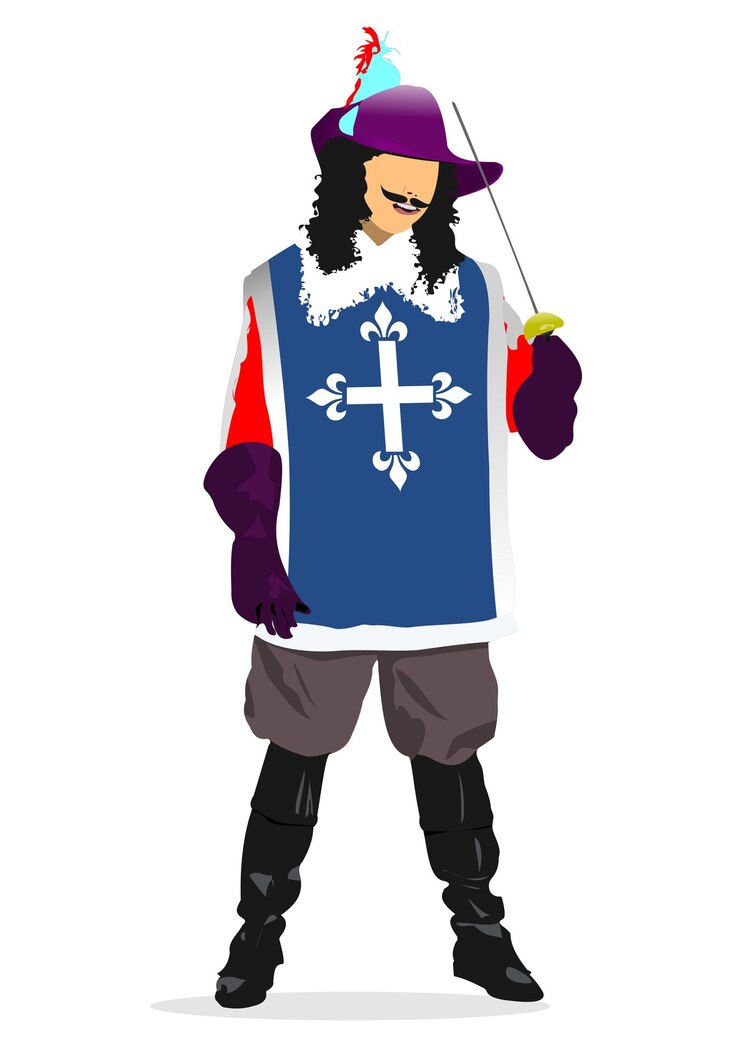 Vetor jovem com uma espada vestida como mosqueteiro 3d vector ilustração colorida