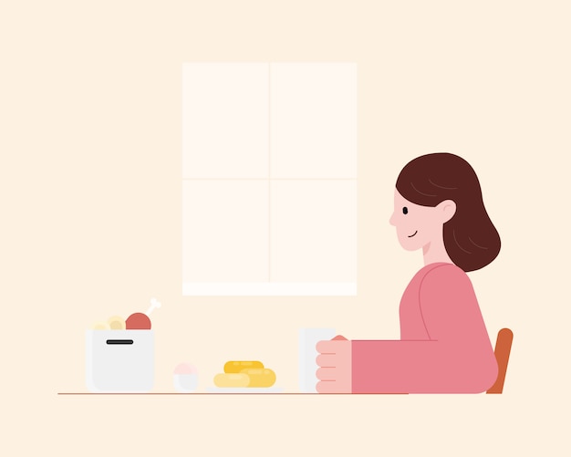 Jovem comendo comida deliciosa na cozinha. cozinhar em casa conceito. ilustração de personagem de desenho animado.