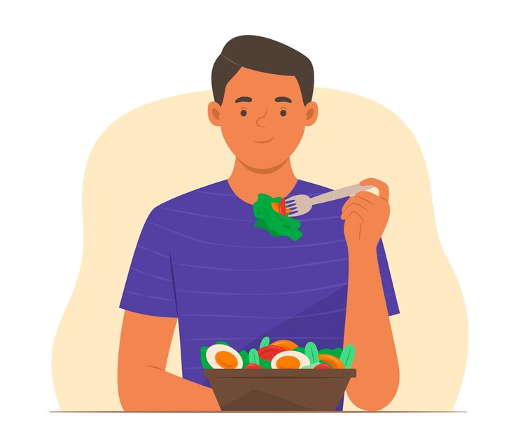 Vetor jovem comendo salada para uma boa saúde