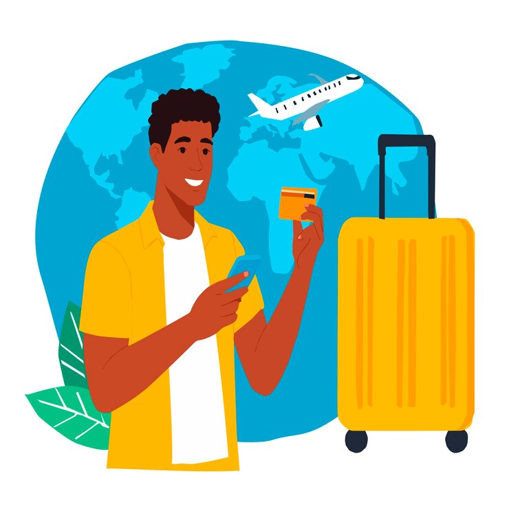 Vetor jovem comprando bilhetes de viagem on-line com um cartão e telefone móvel mala de avião e mundo m