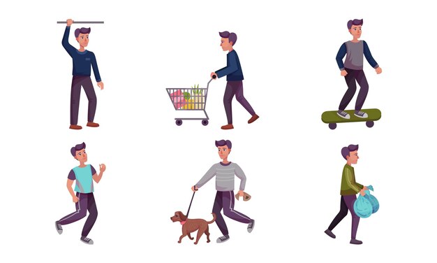 Jovem correndo caminhando com o cachorro e fazendo compras conjunto de ilustrações vetoriais