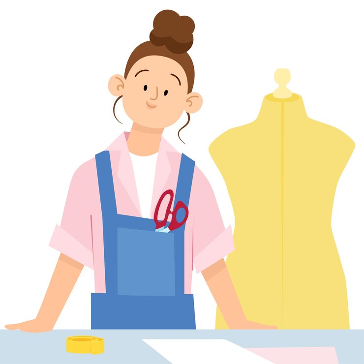 Vetor jovem costureira plana com tesouras de manequim e mesa para trabalho