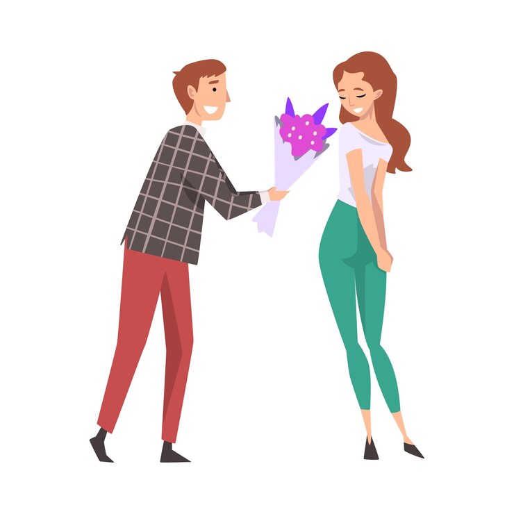 Vetor jovem dando um buquê de flores a uma garota parabéns por aniversário de feriado ou ilustração de vetor de data romântica em fundo branco