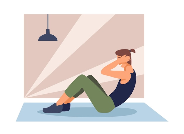 Jovem de desenhos animados empurrando seu abdômen em casa tempo de treinamento estilo de vida ativo e saudável yoga e fitness fazendo treino vetor interior ilustração de estilo plano