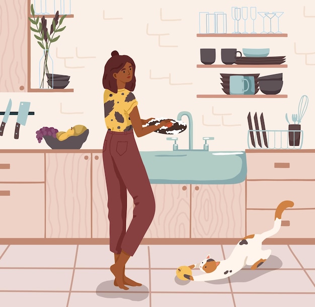 Jovem de pé perto da pia e lavando pratos na cozinha de casa. Trabalho doméstico diário, tarefas domésticas, estilo de vida doméstico. Ilustração em vetor plana colorida de placas de limpeza de dona de casa moderna.