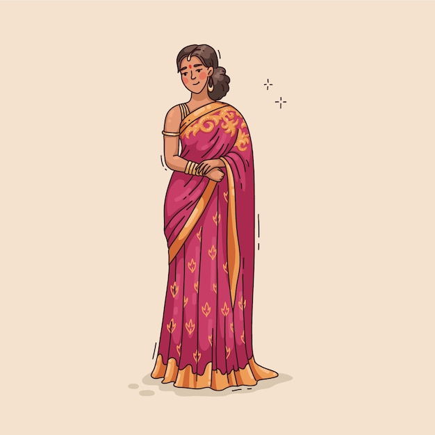 Jovem desenhada à mão usando ilustração de sari