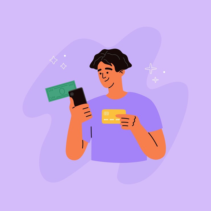 Jovem detém cartão de crédito, telefone e notas. Pagamento online pelo celular. compra pela internet