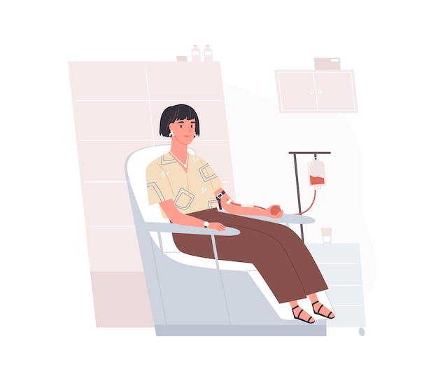 Jovem doador sentado na cadeira durante o processo de doação de sangue. voluntário feliz doando sangue total no hospital moderno. ilustração em vetor plana colorida isolada no fundo branco.