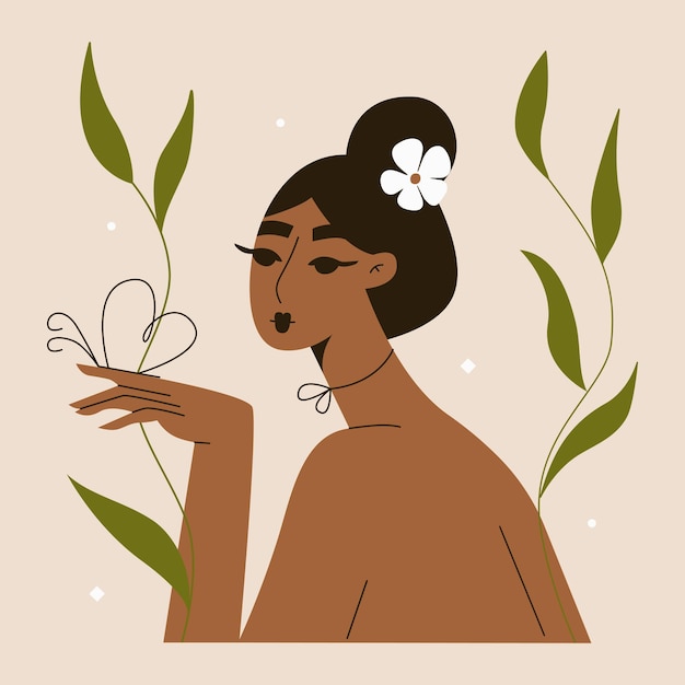 Jovem e bela mulher asiática afro-americana com uma flor no cabelo dia das mulheres beleza da natureza