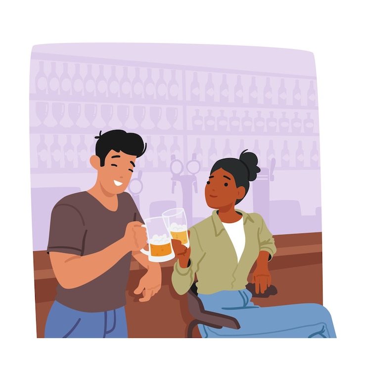 Vetor jovem e mulher em um bar desfrutando de cerveja levantando seus copos em um brinde compartilhando risadas e criando uma atmosfera animada personagens masculinos e femininos namorando pessoas de desenhos animados ilustração vetorial