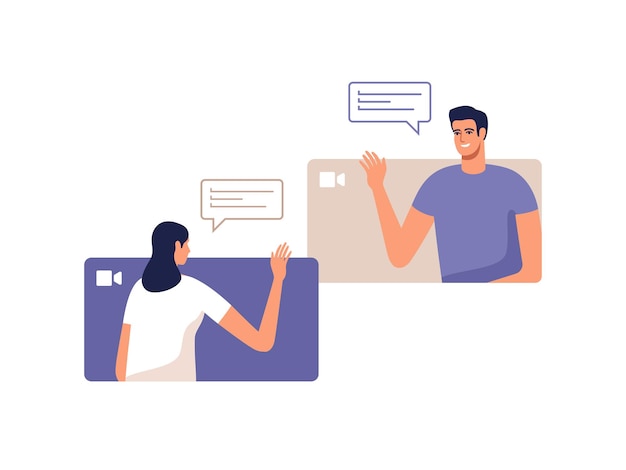 Jovem e mulher se comunicam online usando dispositivos móveis. Conceito de videoconferência, trabalho remoto em casa ou reunião online.