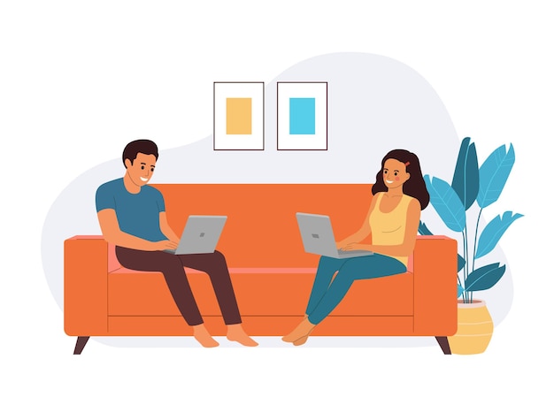 Jovem e mulher sentada no sofá com o laptop. Escritório em casa. Ilustração em vetor estilo simples dos desenhos animados