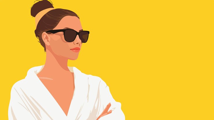 Vetor jovem elegante em roupão de banho e óculos de sol em fundo amarelo
