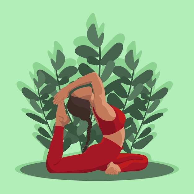 Vetor jovem em ilustração em vetor plana pose de ioga. personal trainer, aula de ginástica, estilo de vida saudável