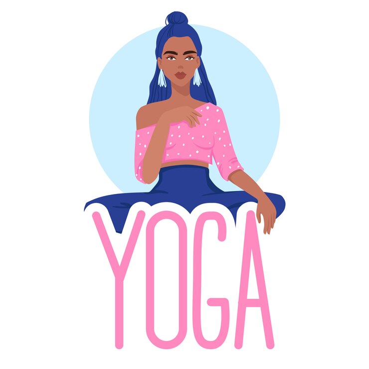 Vetor jovem em posição de lótus e inscrição de yoga.