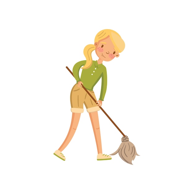 Jovem em roupas casuais, limpando o chão com uma dona de casa esfregão em ilustração vetorial de desenho animado de atividade de trabalho doméstico sobre um fundo branco