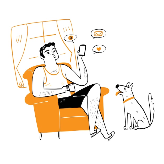 Jovem em roupas casuais no sofá usa o telefone para se comunicar ou mídia social, acesso, trabalho a partir do conceito de comunicação em casa, estilo de doodle de ilustração vetorial de desenho à mão.