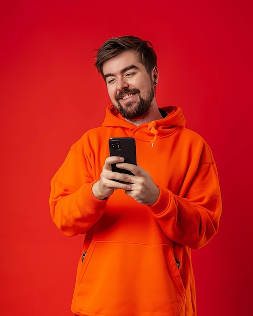 Vetor jovem emocionado e espantado vestido com um capuz laranja olhando para um iphone com fundo vermelho