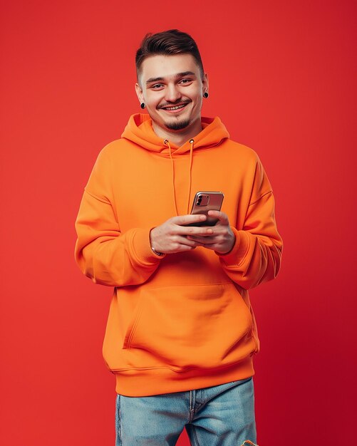 Vetor jovem emocionado e espantado vestido com um capuz laranja olhando para um iphone com fundo vermelho