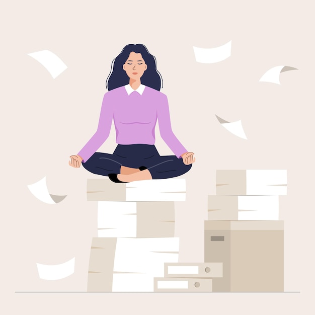 Vetor jovem empresária meditando sobre documentos no trabalho