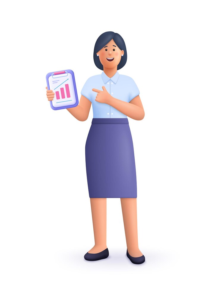 Vetor jovem empresária sorridente ou trabalhador de escritório fica de pé e mantém a pasta de documentos de trabalho 3d ilustração de personagens de pessoas vetoriais estilo minimalista dos desenhos animados