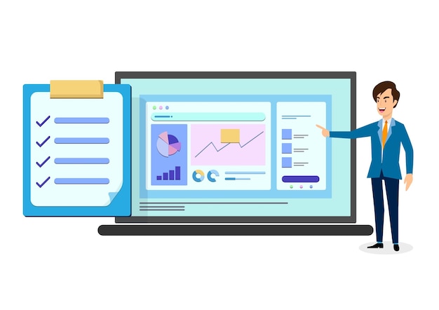 Jovem empresário mostrando um diagrama em um monitor de computador A área de transferência mostra a validação dos gráficos A mão do homem apontando para uma tela grande Vetor de ilustração dos desenhos animados de estilo simples